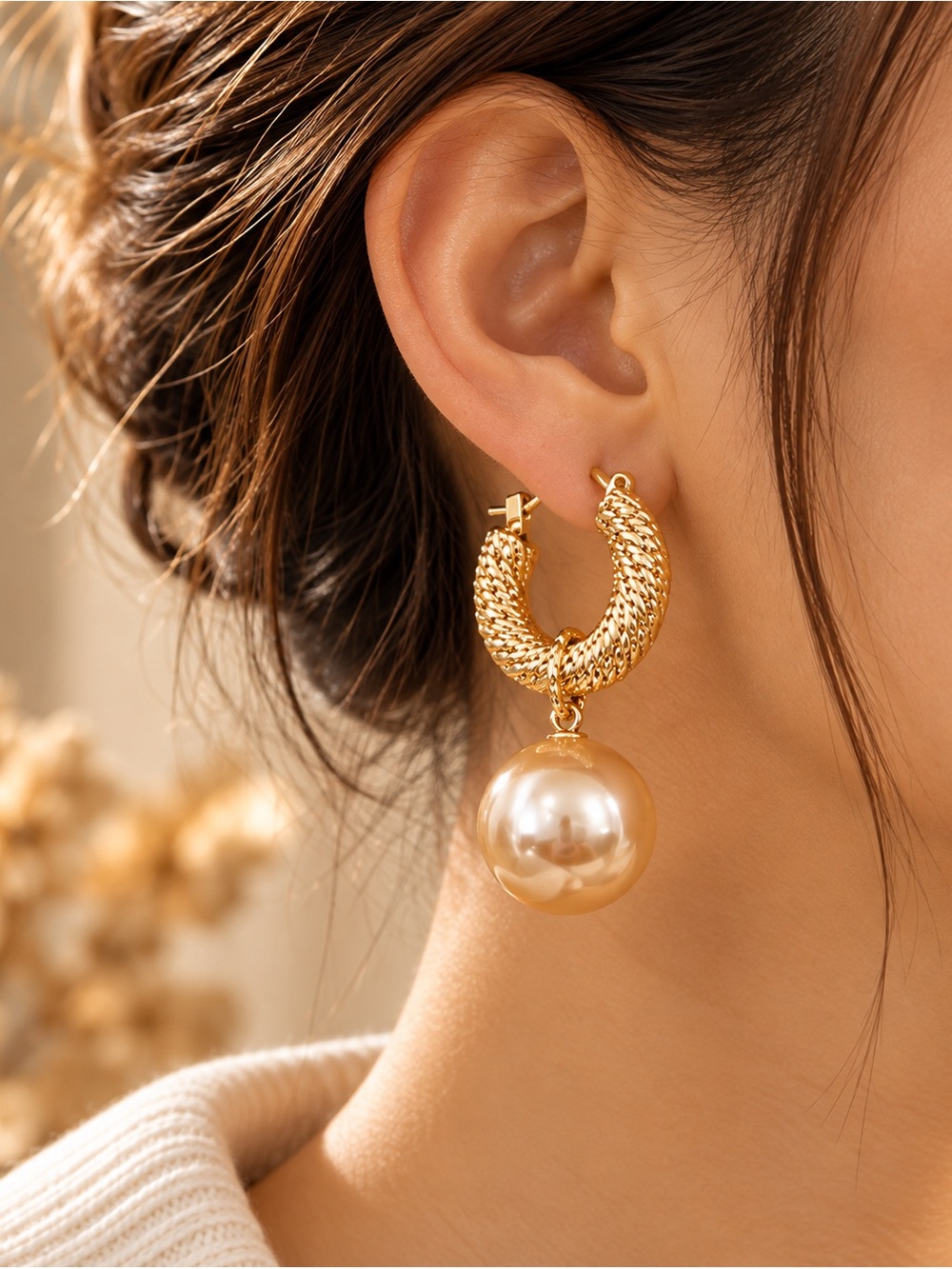 Twisted Gold Hoop Pearl Earrings
